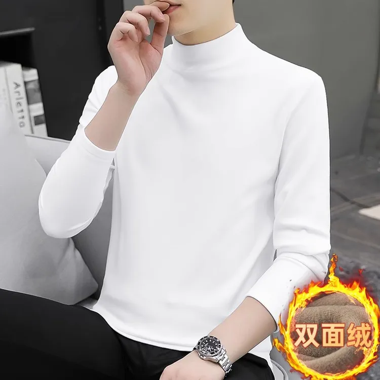 德绒打底衫男款秋冬加绒半高领长袖t恤中领纯色加厚内搭衣服男士