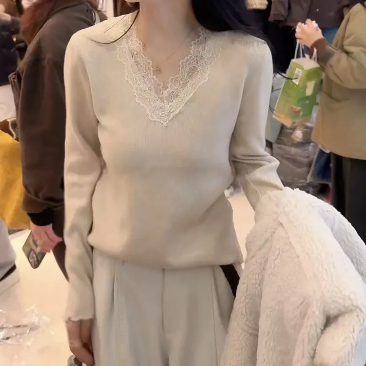 2025加厚V领拼接蕾丝毛针织衫打底衫上衣秋冬LK2507677