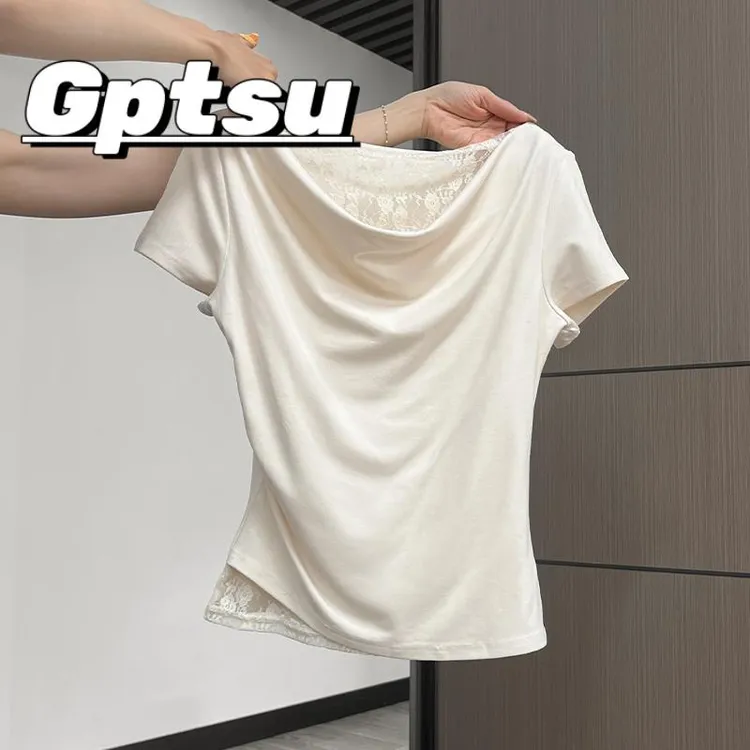 GPTSu纯欲蕾丝花边拼接短袖T恤女夏季2025新款一字领收腰打底上衣