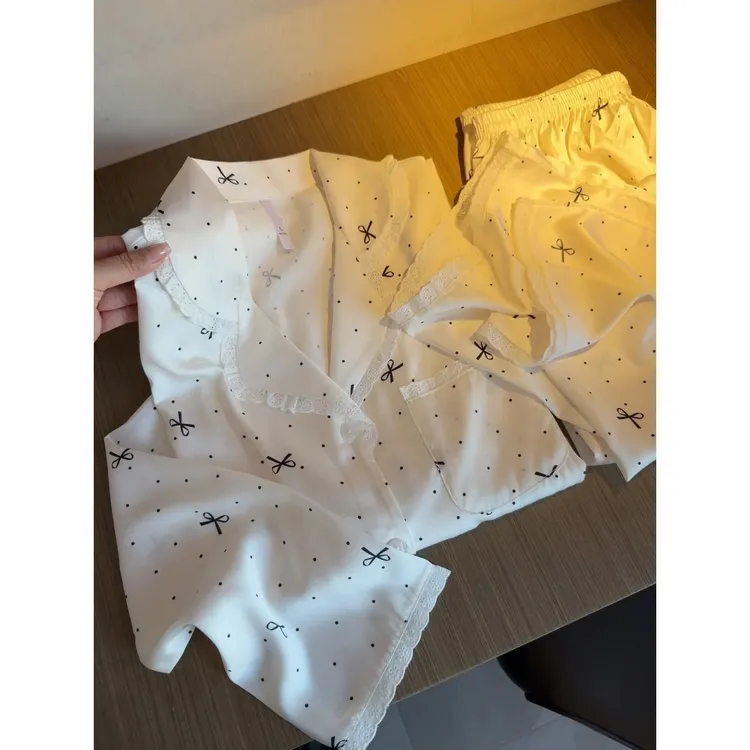 【波点蝴蝶结】韩系蕾丝花边冰丝睡衣套装女春秋季2025新款家居服