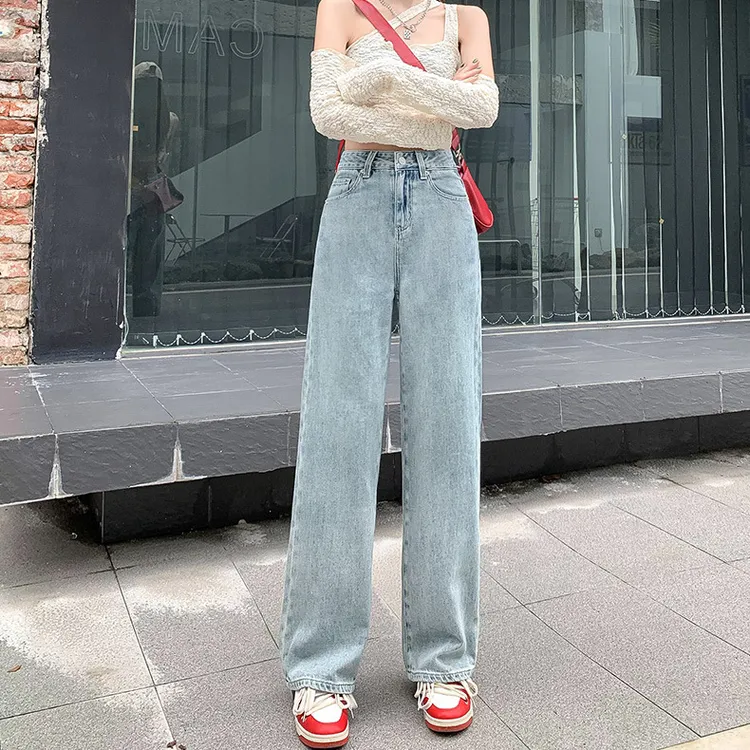 设计港风浅色高腰牛仔裤女2025新款秋冬款直筒裤垂感宽春秋显瘦