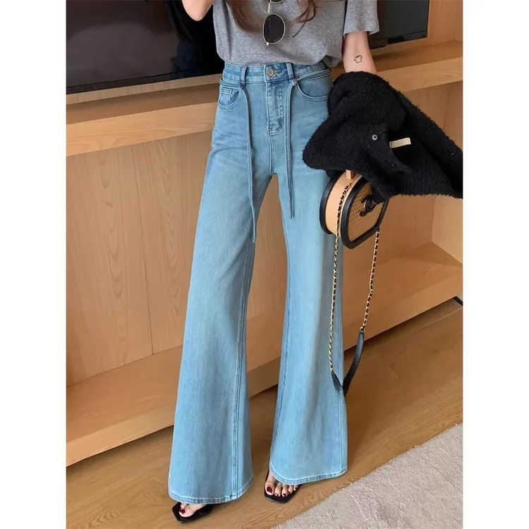 浅蓝色不贴腿喇叭裤2025夏季新款高腰阔腿微喇