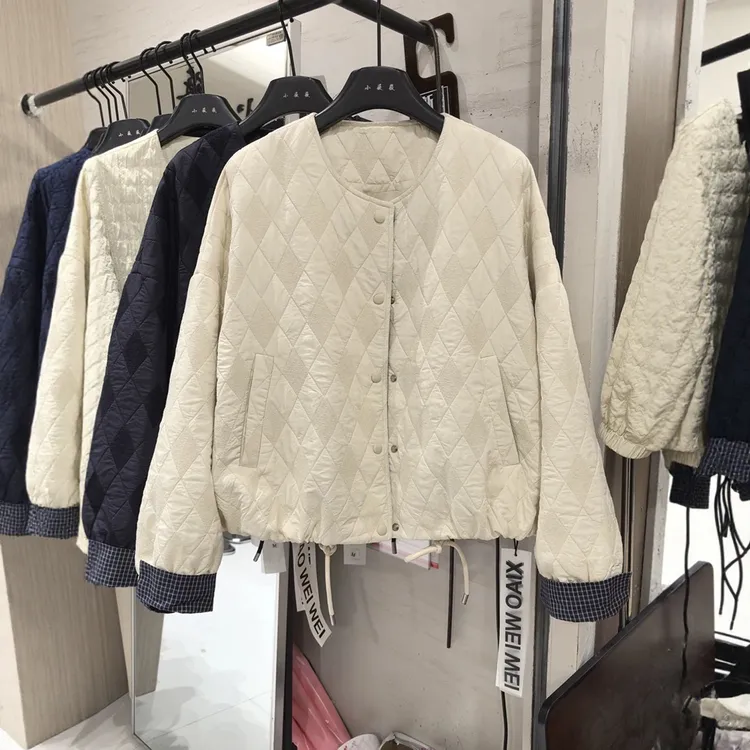 正版设计感圆领菱格棉服短外套女2025秋季时尚休闲显瘦夹克上衣潮