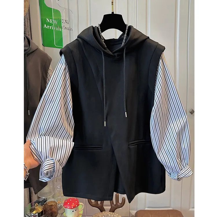 春秋新款高级感假两件条纹连帽卫衣女装慵懒风小众上衣百搭潮流爆