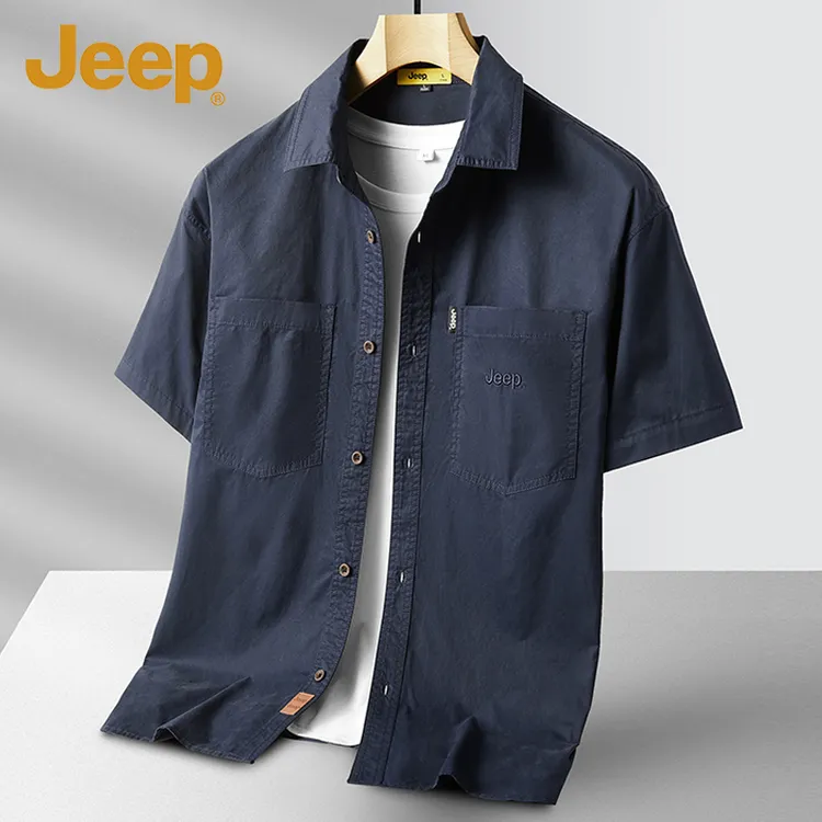 Jeep吉普正品纯棉短袖衬衫男士2025夏季新款休闲透气百搭工装衬衣