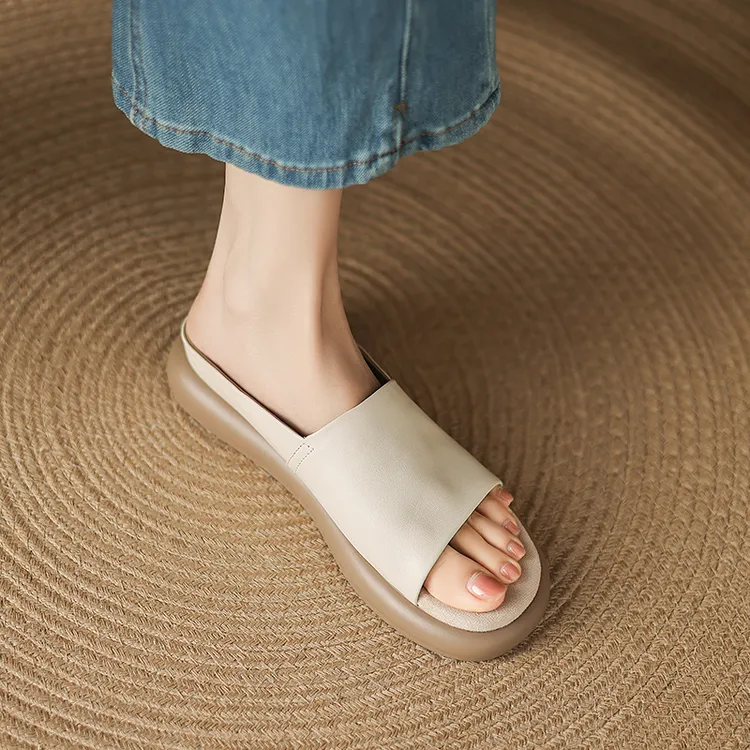 意大利设计牛皮一字拖鞋女夏季新款圆头露趾松糕底巨软皮拖懒人鞋