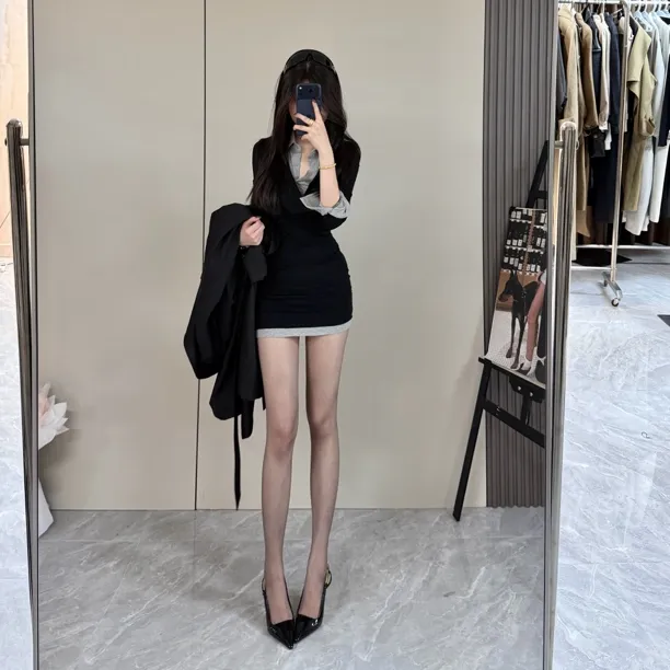 海妖风 polo假两件好身材包臀裙拼接荡领显瘦连衣裙