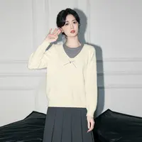 杏色假两件针织衫女秋季2025春秋新款宽松设计感撞色毛衣外穿上衣