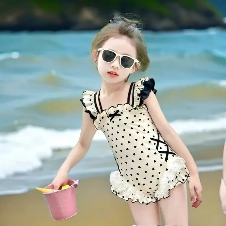 女童连体泳衣儿童夏装2025款洋气游装蝴蝶结甜美爱心时髦速干ch