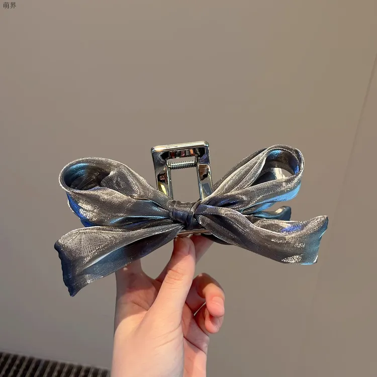 气质加成~清冷银灰珠光欧根纱大蝴蝶结鲨鱼夹后脑勺夹子头饰抓夹