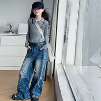 【Maila童装】女童学院风毛线上衣春秋毛边牛仔阔腿裤毛衣两件套装