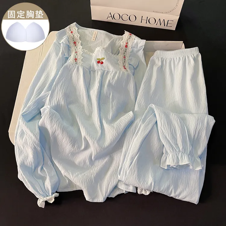 清新蓝色睡衣女新款春秋季带胸垫长袖长裤秋冬款小个子宽松家居服