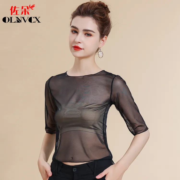 网纱打底衫女中袖2025新款春夏内搭t恤圆领洋气低领性感透视上衣