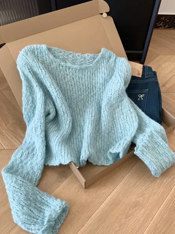 蓝色镂空轻薄圆领长袖针织衫女2025新款韩系氛围感早秋穿搭小上衣