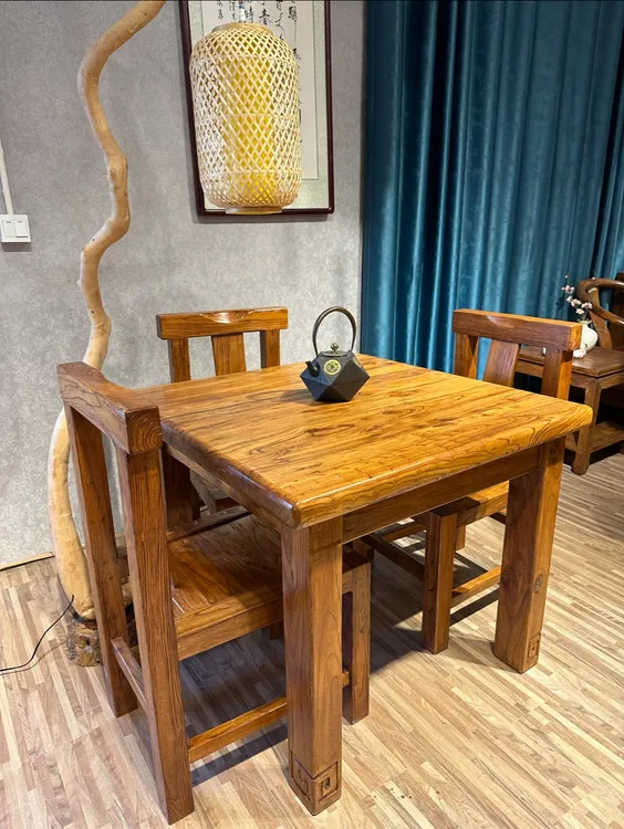精工老榆木手工拉丝方桌一套