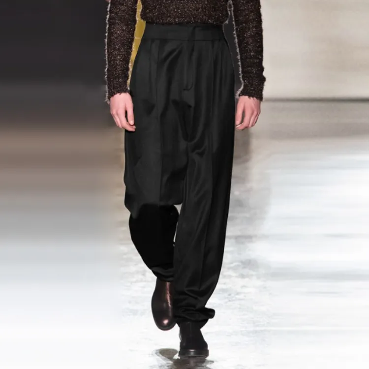 男士法式轻奢高腰设计松紧宽松秋冬毛呢面料商务休闲西裤长裤厚款