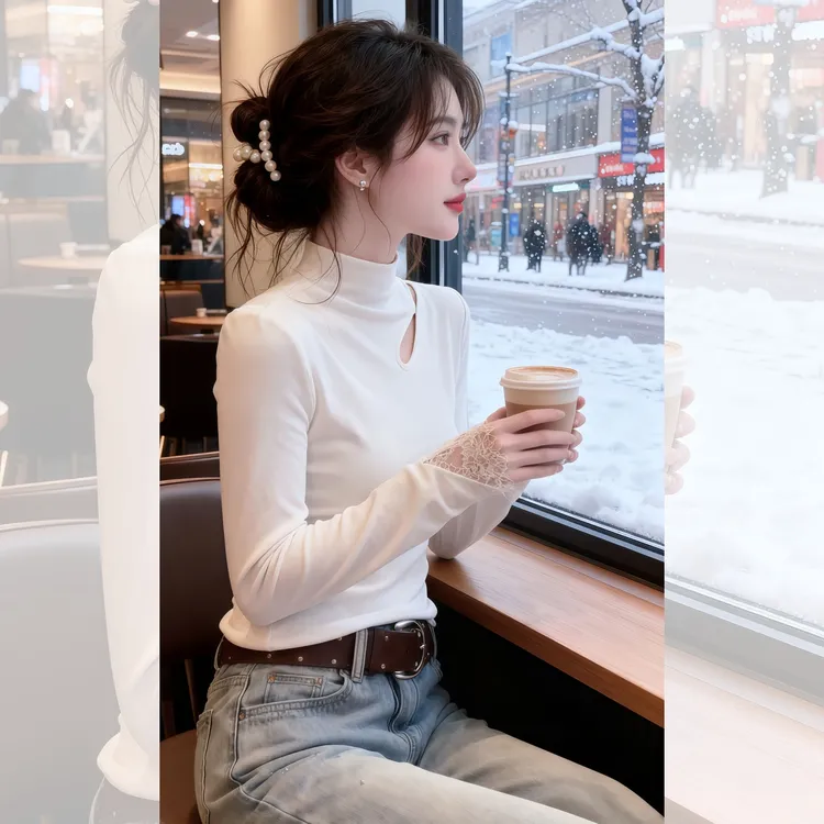 半高领蕾丝钉珠长袖T恤上衣女2025秋冬新款加绒设计感百搭打底衫
