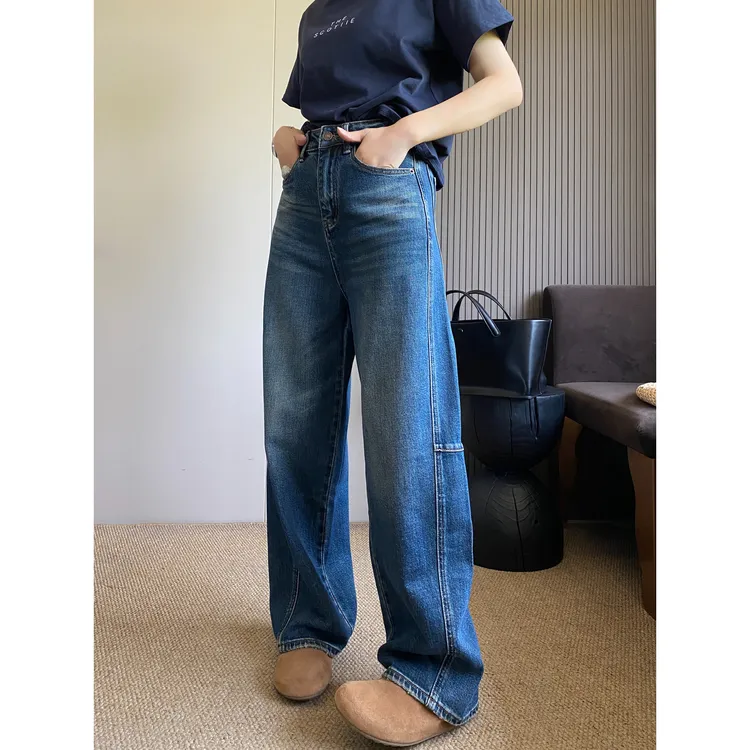 美式复古弯刀牛仔女2025秋冬季新款加绒加厚设计感高腰显瘦阔腿裤