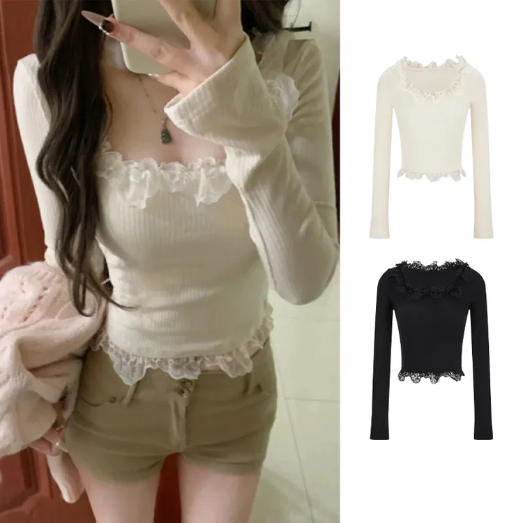 Moses Queen/魔西女王纯欲蕾丝花边方领长袖t恤女春秋内搭打底衫