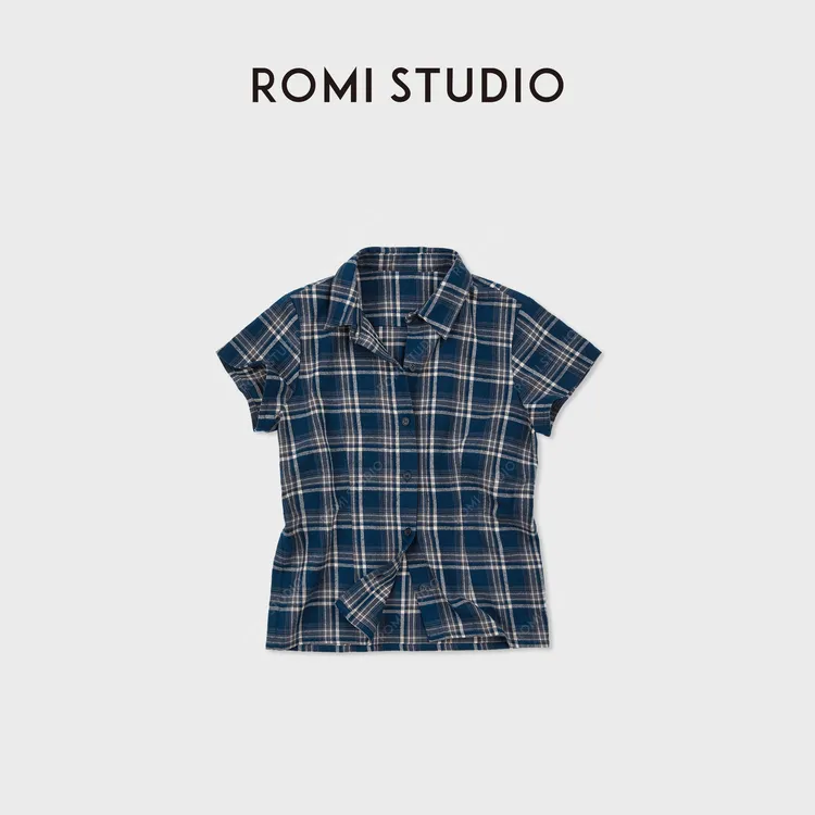 ROMI STUDIO“格子衬衫”全棉磨毛复古肌理收腰短袖衬衣RWDSS61712