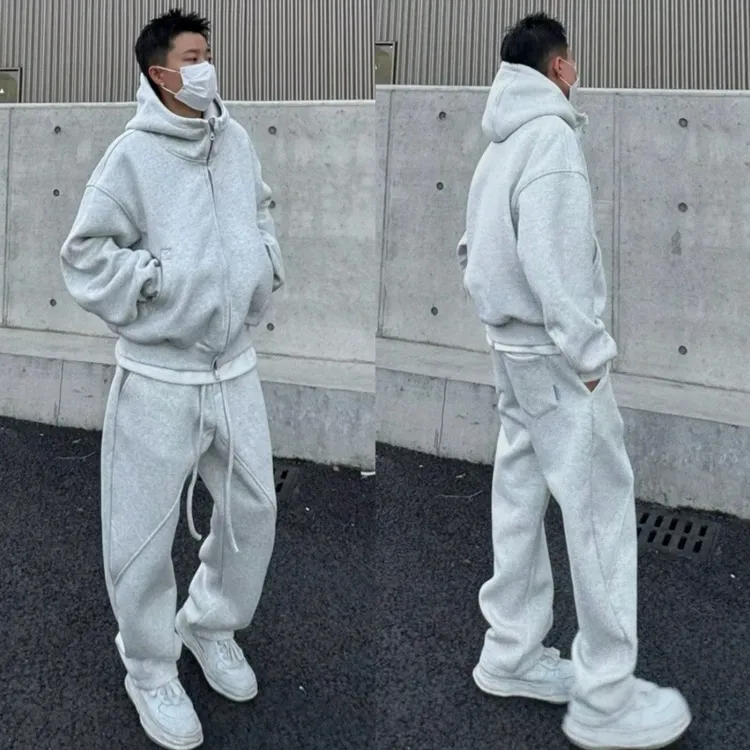新款美式潮牌运动休闲套装男士加绒加厚连帽开衫卫衣直筒裤两件套