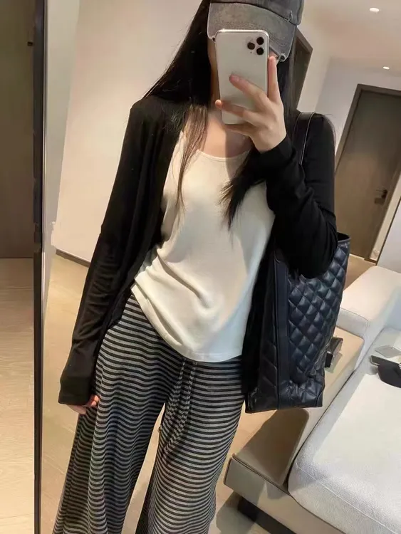 慵懒风针织衫打底衫长袖上衣女夏季极简风假两件款