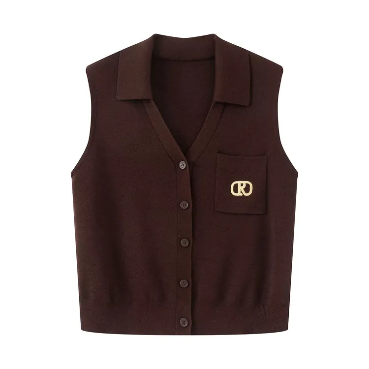  艾家2025秋季新款女装时尚POLO领无袖针织衫背心开衫803029