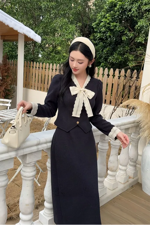【加厚】25秋冬新款法式高端显瘦蝴蝶结系带上衣半裙少女感呢料套装
