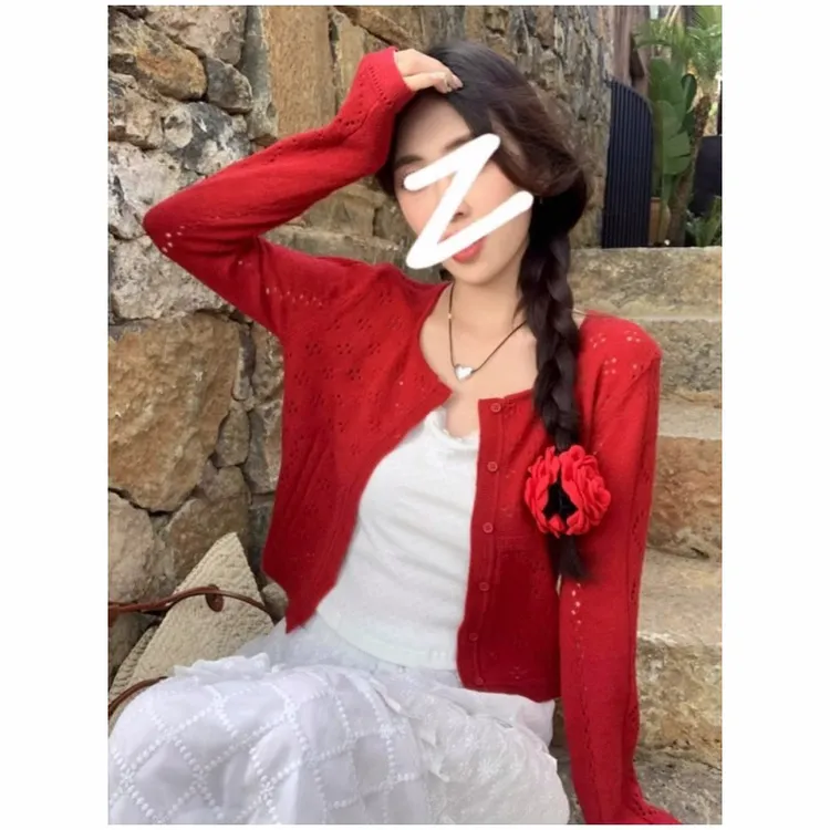 设计感镂空短款红色开衫女夏季薄款外搭修身显瘦防晒新款长袖上衣