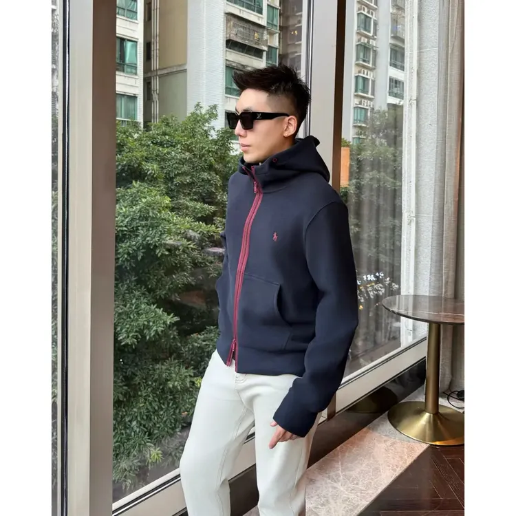 【琥珀老钱风】美利奴加厚混纺弹力撞色拉链连帽小标夹克外套秋季