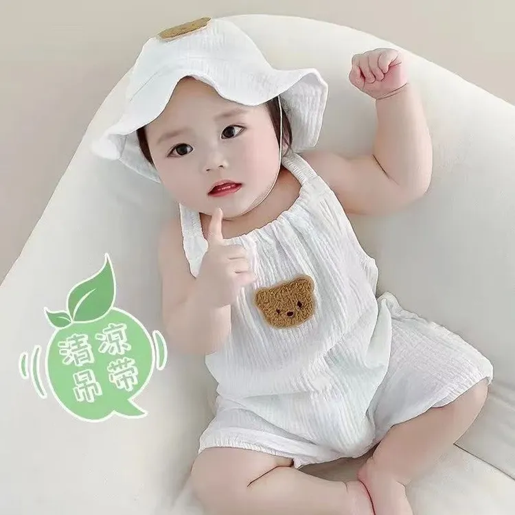 2025夏季衣服薄款棉纱套装可爱男女宝宝无袖吊带哈衣连体爬服