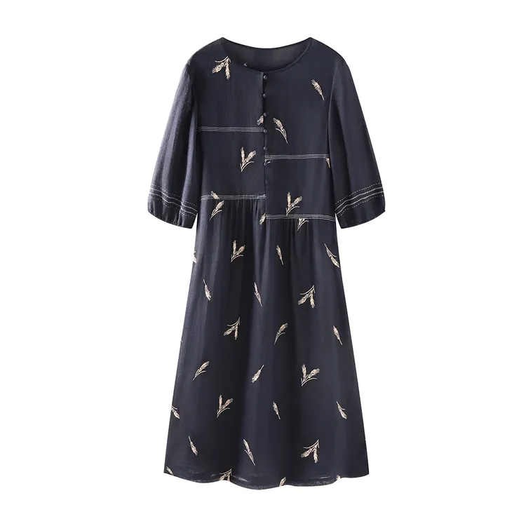 Childe Yao100苎麻气质长裙圆领宽松显瘦绣花苎麻连衣裙 CYC56190