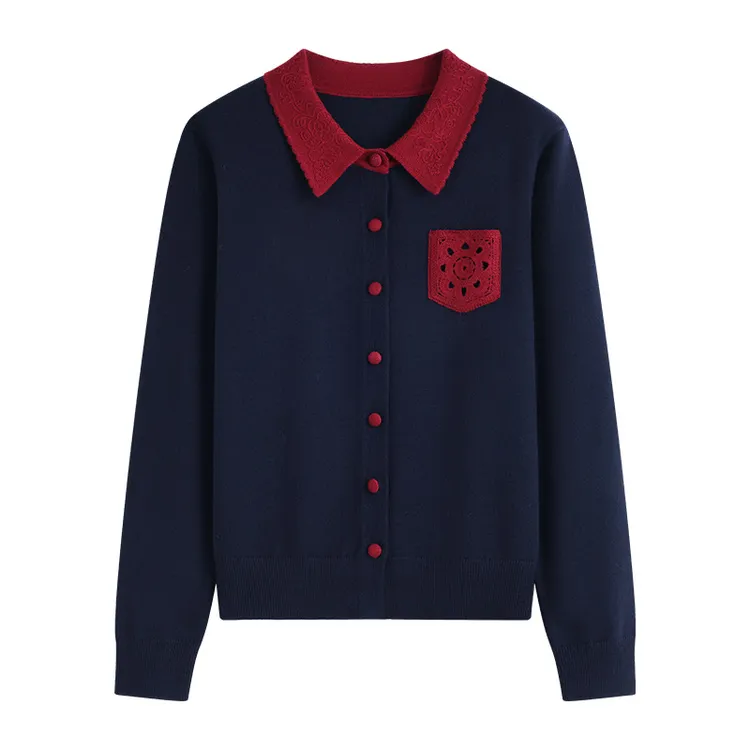 设计感复古翻领长袖毛呢针织开衫女秋冬气质减龄休闲上衣 H 0640