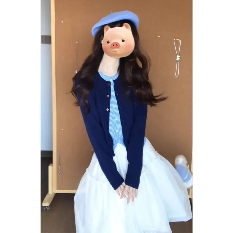 学院风撞色拼接假两件长袖针织开衫女秋冬慵懒风短款毛衣外套上衣