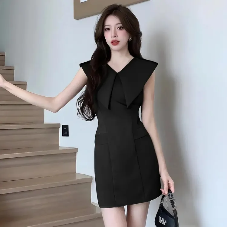 B高端精致轻奢高级感法式气质名媛裙子大翻领无袖收腰连衣裙D3088