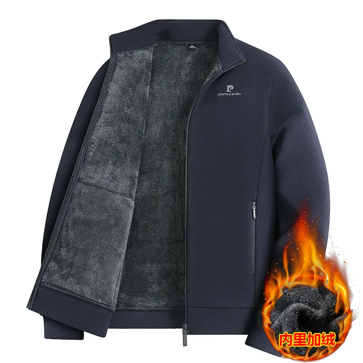 皮尔卡丹冬款男保暖夹克春秋厚款加绒呢子男士中老年上衣休闲