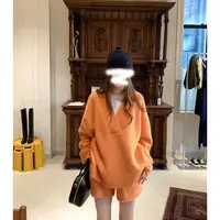 老钱jennie同款毛衣女秋橘色V领针织衫短裤上衣套装