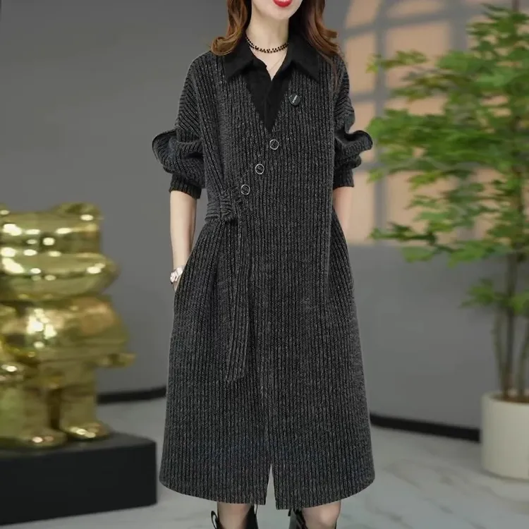 时尚宽松连衣裙女装2025春新款妈妈洋气收腰百搭假两件裙子
