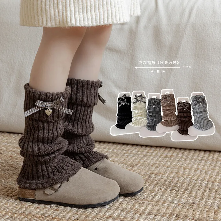女童袜套秋季复古格子蝴蝶结堆堆袜儿童毛线针织冬季保暖小腿腿套