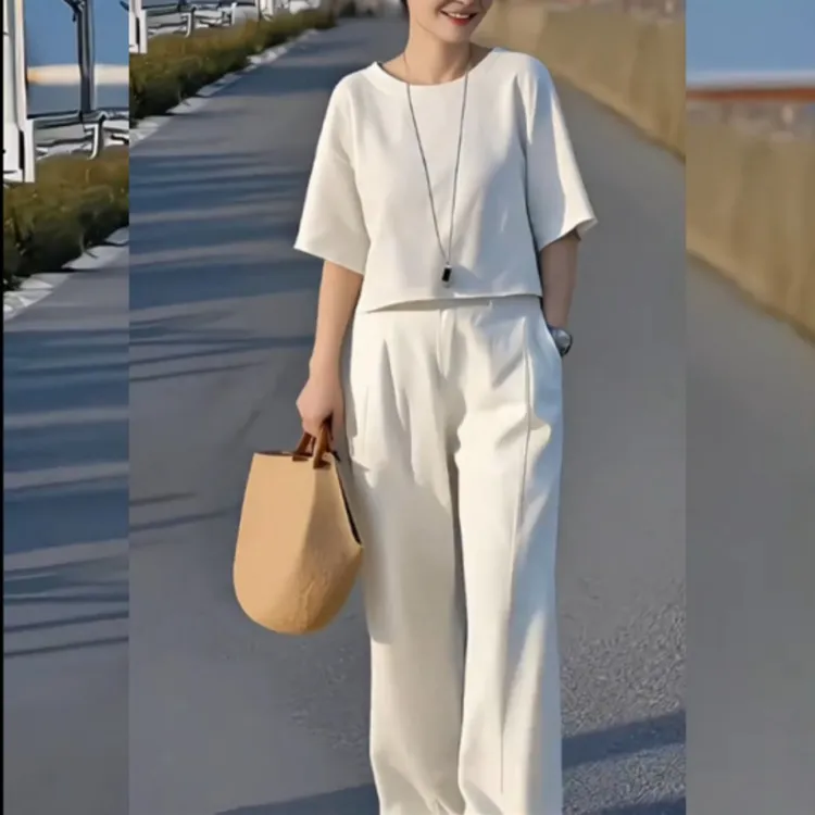 2025时尚新款纯色两件套遮肉套装洋气妈妈装