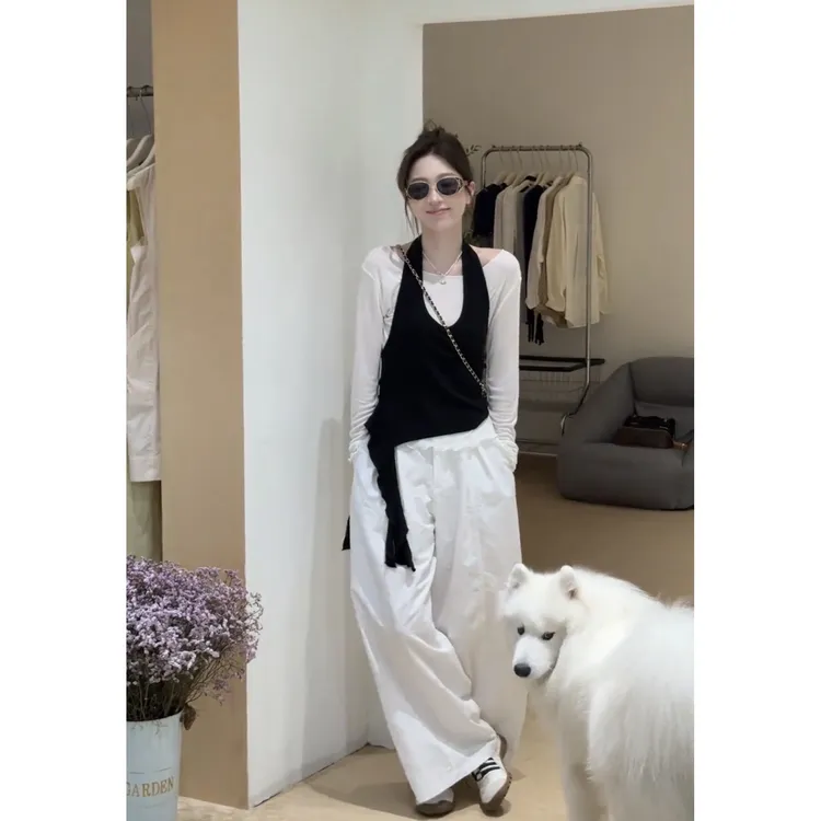 套装时尚休闲韩版白色吊带上衣早秋韩系挂脖真两韩系挂脖套装
