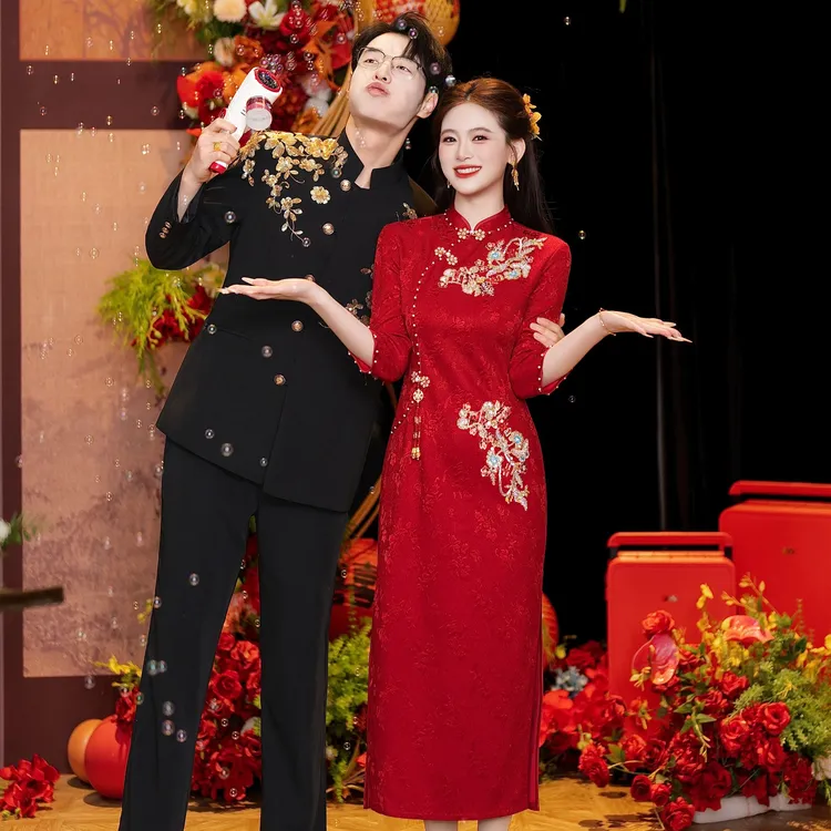 红色旗袍订婚礼服女春秋新款敬酒服新娘结婚宴服订婚领证回门便装