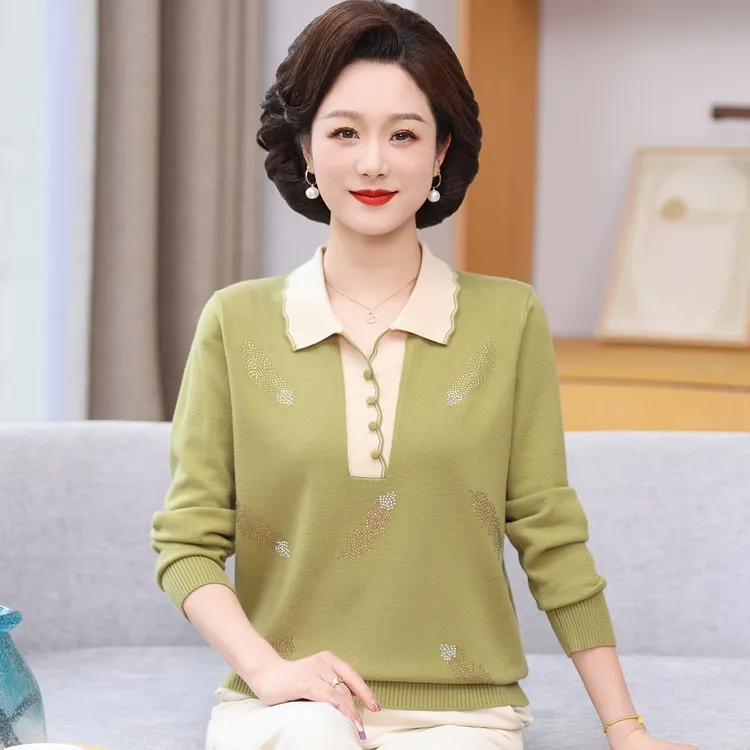 2025新款时尚妈妈装春季长袖针织衫中老年洋气宽松打底衫中年毛衣