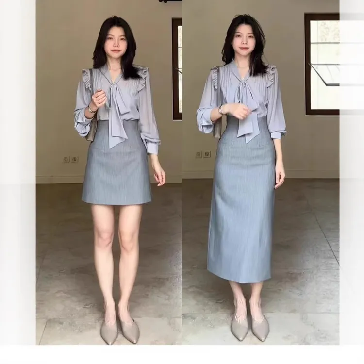 2025年新款气质荷叶边飘带衬衫设计感上衣+百搭收腰西装半身裙