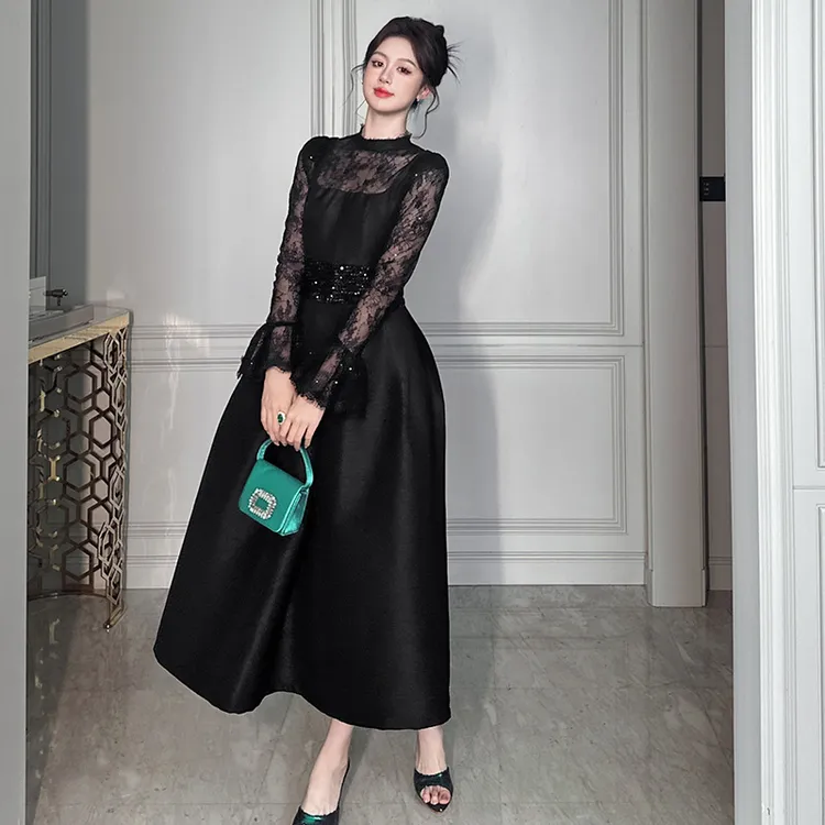 蕾丝显瘦气质长袖时尚黑色收腰修身洋气中长款拼接连衣裙21610