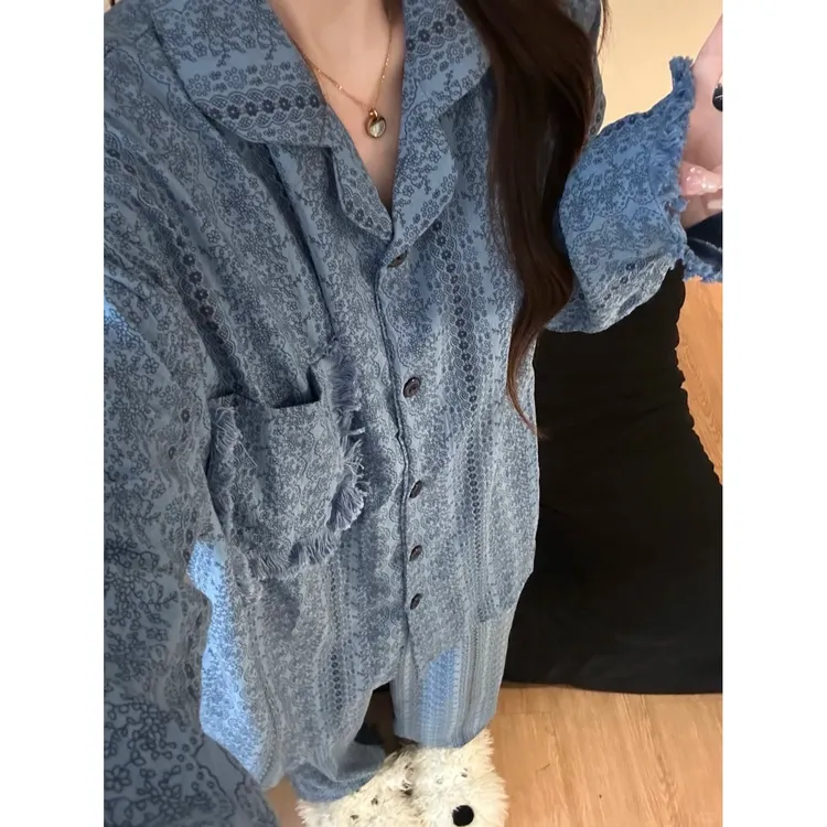 韩版轻奢风复古温柔碎花睡衣女春秋新款宽松休闲家居服套装可外穿