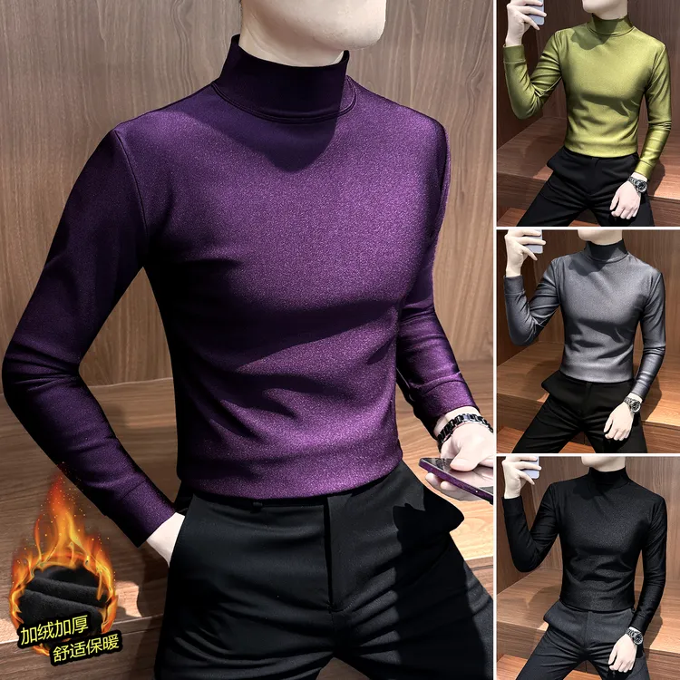 加绒半高领男士内搭打底衫痞帅高级感男装秋冬季保暖男款长袖T恤