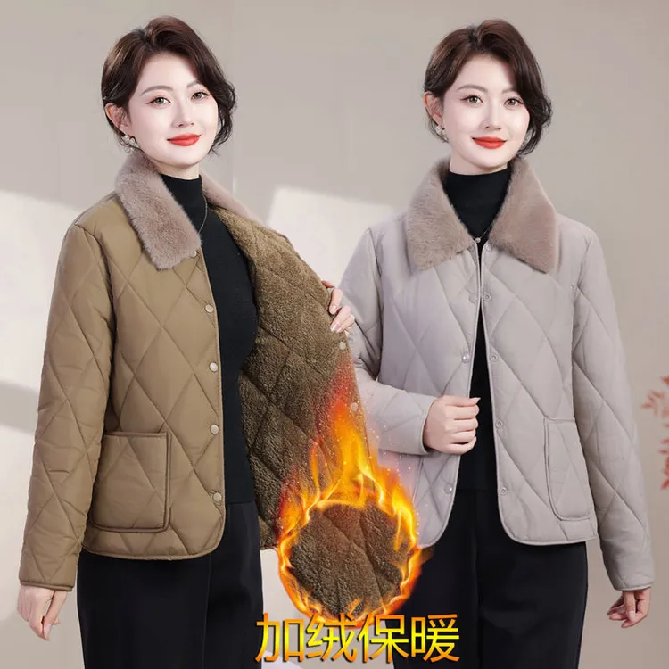2025加绒棉衣冬季加绒加厚棉服妈妈装翻领外套时尚新款保暖