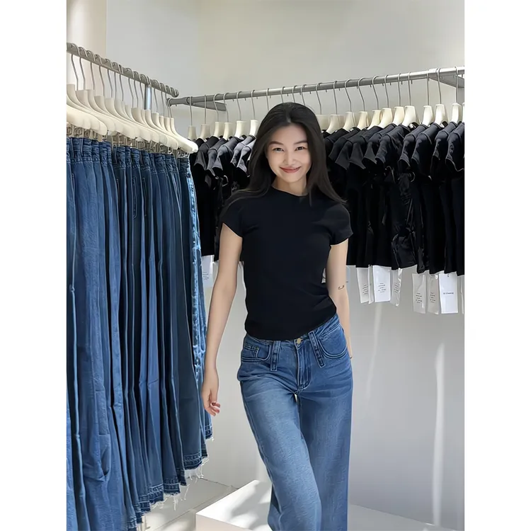 美式辣妹短袖t恤修身短款正肩上衣牛仔裤直筒显瘦高腰微喇阔腿裤