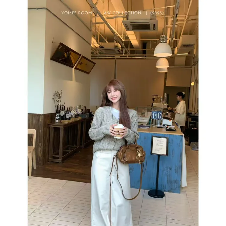 YOMI小个子【温柔交织】极简风麻花编织中古风针织开衫毛衣长袖女